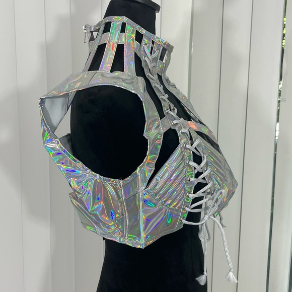 💔SOLD💔 CLUB EXX Rude Awakening Holographic Lace Up Harness Rave Bra Top Silver - Picture 4 of 11